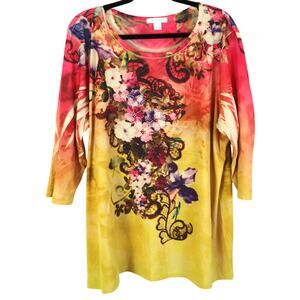 Vintage Y2K Pink Yellow Floral Beaded Blouse Tunic Plus 2X Artsy DressBarn
